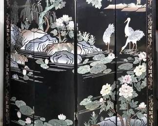 346 - Chinese Lacquered Wood Four-Panel Room Divider some hinge repair needed - approximately 72 x 64