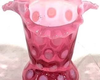 2368 - Fenton Coin Dot Cranberry Opalescent Vase 6"