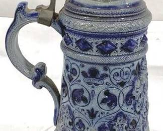 2083 - Vintage R. Merkelbach German Beer Stein w/ lid 12" tall - features intricate, embossed decorations