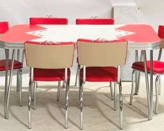 1377 - Immaculate Retro 1950s Red Dining Set 7 chairs, dining table w/ 1 leaf 30 x 60 x 36