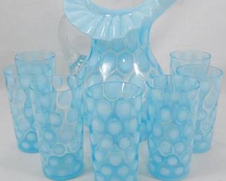 96x - Fenton Opalescent Blue Coin Spot Water Set Pitcher with 7 Glasses