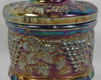 93 - Fenton Grape Carnival Glass Lidded Jar 8"