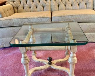 Mid century glass top tables, one of pair