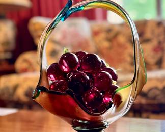 Art glass basket and acrylic grapes