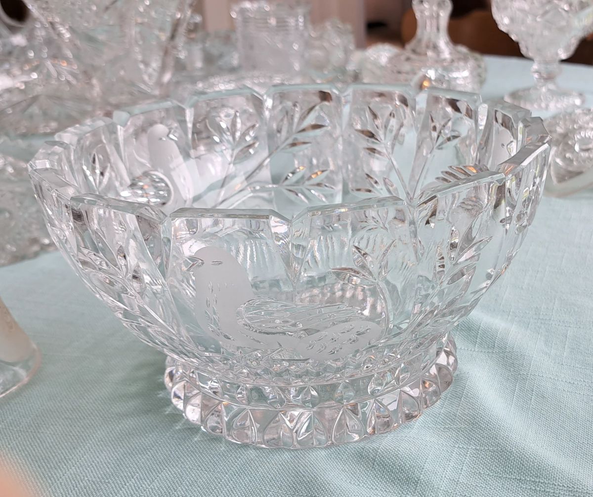 Assortment of curated leaded cut glass, press-cut glass, & antique pieces