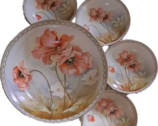 R&S Germany Large Gilded Bowl Handpainted Peony Flowers with four (4) matching small bowls