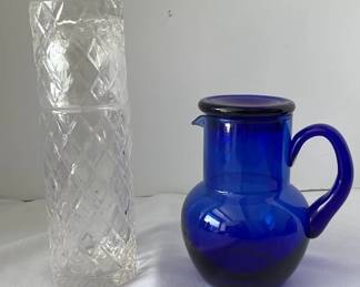 Blue Glass Pitcher with Handle ClearCut Glass Bedside Water Carafes