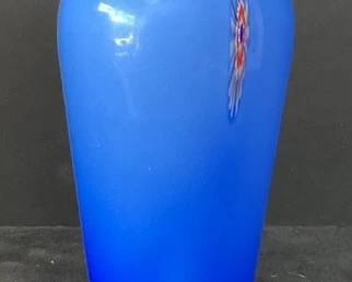 Ruffled Blue Blown Art Glass Vase