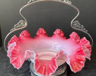 Cranberry Glass Brides Basket With Silver Plated Holder