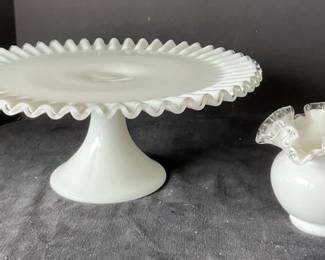 Ruffled Milk Glass Cake Plate on Pedestal Vase