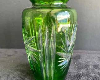 Art Deco Green Cut Glass Vase