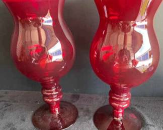 Vintage Ruby Red Empoli Style Footed Vases