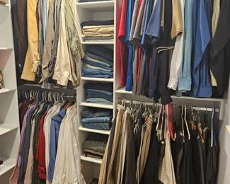 Lots of clothing (polos, button down shirts, dress pants, sport coats, jeans and casual pants, shorts, T-shirts, sweaters, hats, new socks). Mostly M-L.