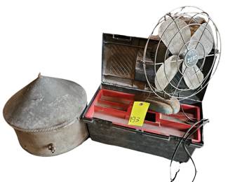 Vintage Barn LOT McGraw Wire Cage Fan Jamesway Small Tank