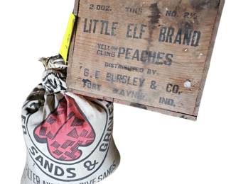 Antique Advertising Crate Box Peaches + Sand Bag Gravel