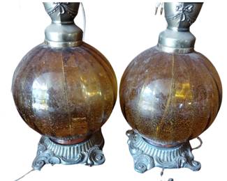 Pair Midcentury Amber Glass Antique Brass