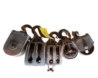 Primitive LOT 5 Pulleys Block Tackle Wood Cast Iron