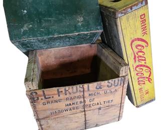 Primitive Barn LOT Wooden Crates Frost & Son Hardware Coca Cola Green