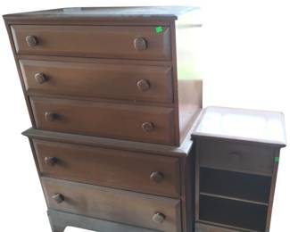 Drawer Tall Boy Dresser Pine + Matching Bedside Table
