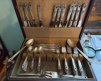 Early and heavy sterling service by International Silver. This Royal Danish pattern has 72 pieces including serving pieces and solid sterling butter knives - yes, blade too. The minimum service of 8 place settings including knife, dinner fork, salad/dessert fork soup spoon, seafood fork, and  teaspoon.  Lots of extras for more plus serving pieces.