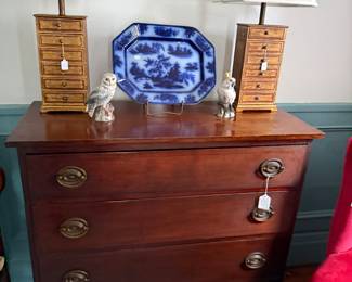 Another Hepplewhite era chest of drawers with french feet base and replaced brass.  A pair of repurposed boxes with drawers converted to lamp.  Large Flo Blue platter and a porcelain owl and cockatoo. 