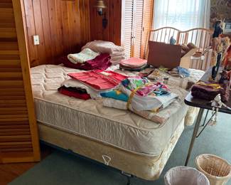 Twin beds.  Lots of linens, vintage, etc.