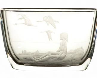 Lot 1083 | Orrefors (Swedish) Etched Crystal Vase H 6.3" W 4.3" L 10.5"