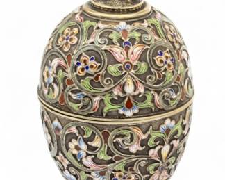 Lot 55 | Russian Silver And Cloisonne Enamel Egg with Rooster Finial H 5.3" Dia. 2" 5t oz