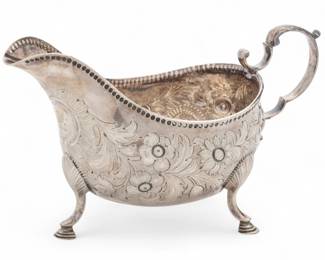 Lot 59 | Matthew Walsh (Ireland) Sterling Silver Sauce Boat 1780 H 4" W 3" L 7" 6.5t oz