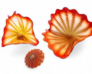 Lot 1028 | Dale Chihuly (American, B. 1941) Blown Glass 'Red Seaform Set with Blue Lip Wrap' H 13.5" W 13" 3 PCS