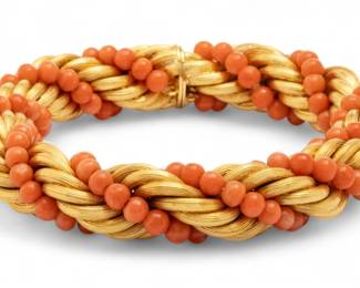 Lot 14 | Nicoli Orafo (Italian) 18kt Yellow Gold And Coral Torsade Bracelet W 0.5" L 8.5" 58.8g 1 PC