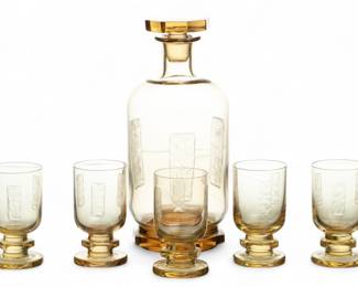 Lot 1069 | Art Deco Glass Decanter And Five Glasses H 8.8" Dia. 3.8" 6 PCS