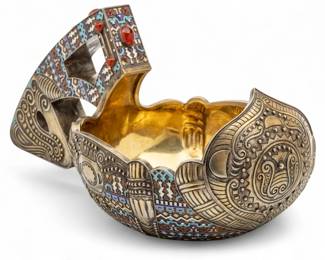 Lot 37 | Russian Jeweled Silver And Cloisonne Enamel Kovsh H 5.5" W 6.1" L 11.8" 28.4t oz