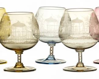 Lot 1066 | Venetian Etched Blown Glass Brandy Snifters H 5.5" Dia. 3.8" 5 PCS