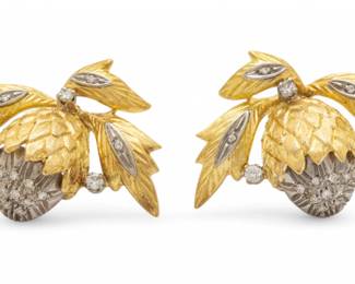 Lot 20 | Italian 18k White & Yellow Gold, Diamond Earrings, Acorn Motif H 0.7" W 1" 11g