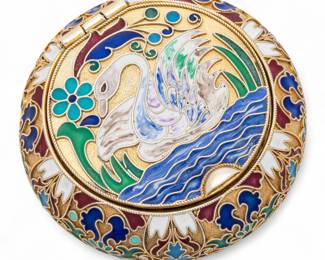 Lot 74 | Russian Silver And Cloisonne Enamel Box with Swan Motif H 1" Dia. 2.8" 4.4t oz