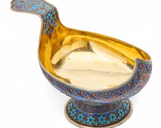 Lot 40 | Russian Silver And Cloisonne Enamel Kovsh H 5" W 4.8" L 8.3" 12.6t oz