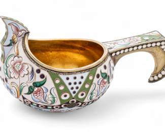 Lot 53 | Russian Silver And Cloisonne Enamel Kovsh H 2.3" W 2.3" L 4" 3t oz