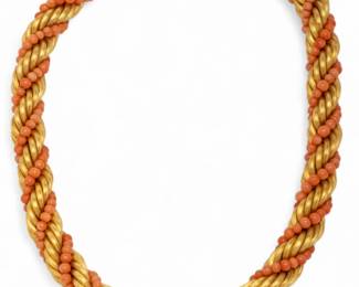 Lot 13 | Nicoli Orafo (Italian) 18kt Yellow Gold And Coral Torsade Necklace W 0.5" L 17" 112.5g