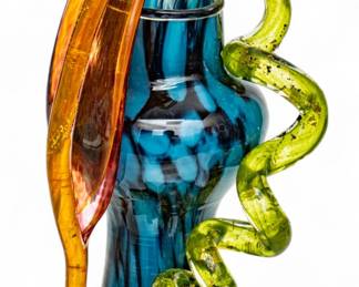 Lot 1030 | Dale Chihuly (American, B. 1941) Blown Cobalt Vase with Orange-red Leaf with Gold Leaf And Green Vein with Gold Highlights Vase 1993