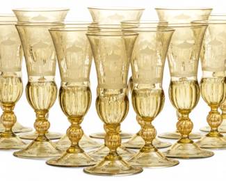Lot 1065 | Venetian Etched Blown Glass Wine Goblets with 3 Matching Water Goblets H 7.8" Dia. 3.5" 17 PCS