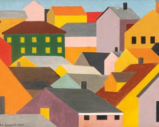 Lot 1009 | Blanche Lazzell (American, 1878-1956) Oil on Board, 1943, 'Composition II Rooftops' H 12.8" W 17.2"