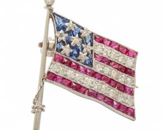 Lot 16 | Platinum, Sapphire, Ruby, And Diamond American Flag Pin, Ca. 1945 H 0.9" W 0.5" 2g