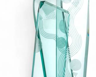 Lot 1072 | John Gilbert Leubtow (American) Etched Glass Panels with Brushed Aluminum Base H 17.5" W 12.3" Depth 7.3"
