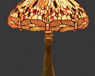 Lot 1091 | Art Glass Drop Head Dragonfly Lamp on Bronze Base Table Lamp on Bronze Base H 34" Dia. 22"