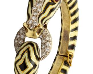 Lot 10 | Enamel, 14k Gold, Ruby And Diamond Zebra Cuff Bracelet Dia. 1.9" 105.4g