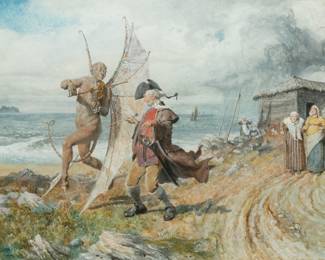 Lot 1002 | Valentine Walter Bromley (English, 1848-1877) Watercolor And Gouache on Paper, 1874, 'The De'il's Awa Wie the Exciseman' H 17.5" W 23.5"