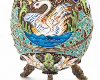 Lot 54 | Russian Silver And Cloisonne Enamel Egg H 3.8" Dia. 2" 4.1t oz