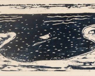 Lot 1010 | Milton Avery (American, 1885-1965) Woodcut Printed in Blue on Japan Paper 1955, 'Birds And Sea' H 9.8" W 24"