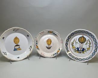 Three French Faience Hot Air Balloon Painted Glazed Earthenware Revolution Plates